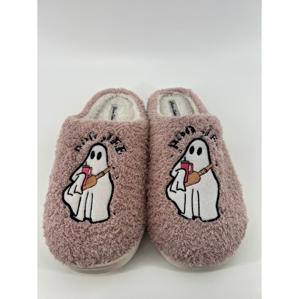 Moon Cake Women Pink Ghost Boo Life "BOO JEE" Plush Slippers XL 11-12
